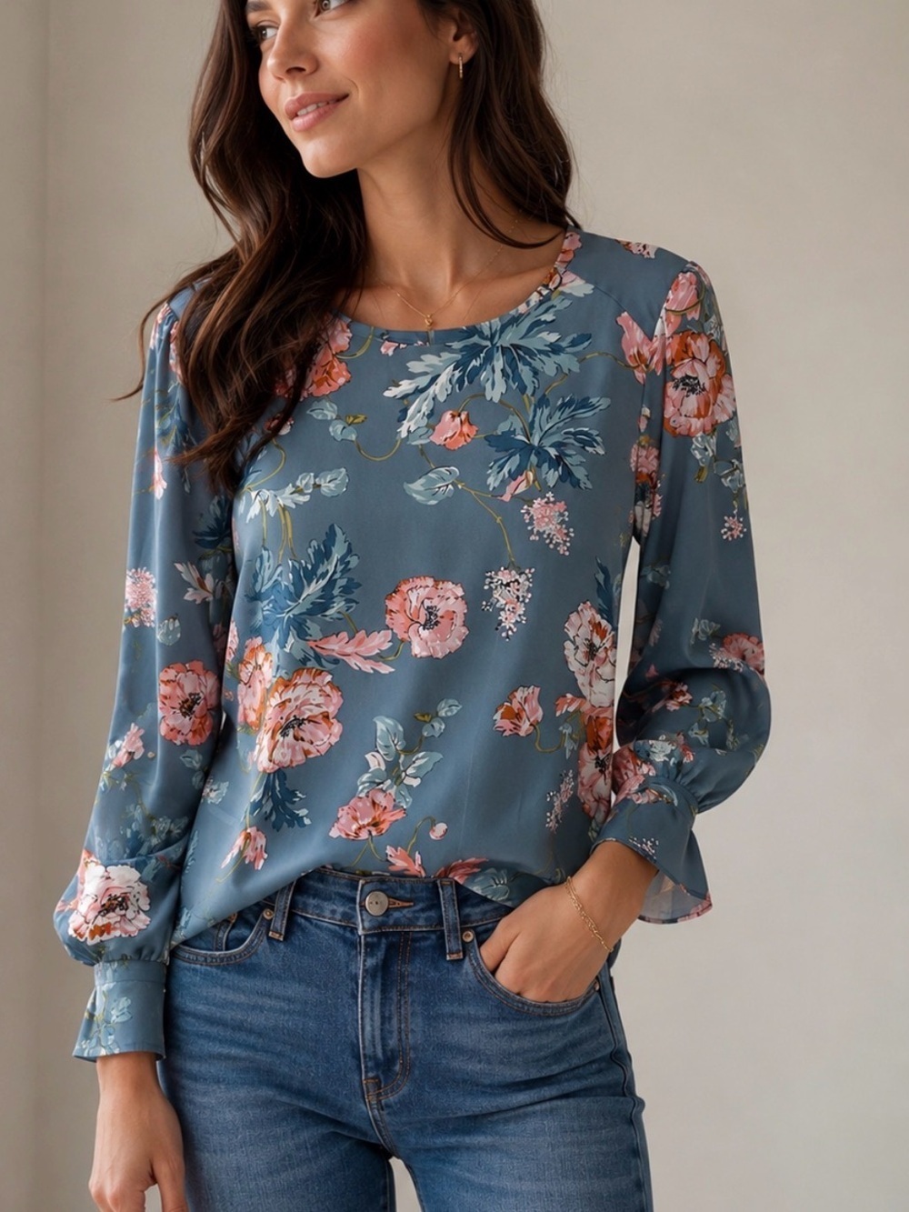Loft L Blue floral polyester feminine workwear boho chic cottagecore blouse